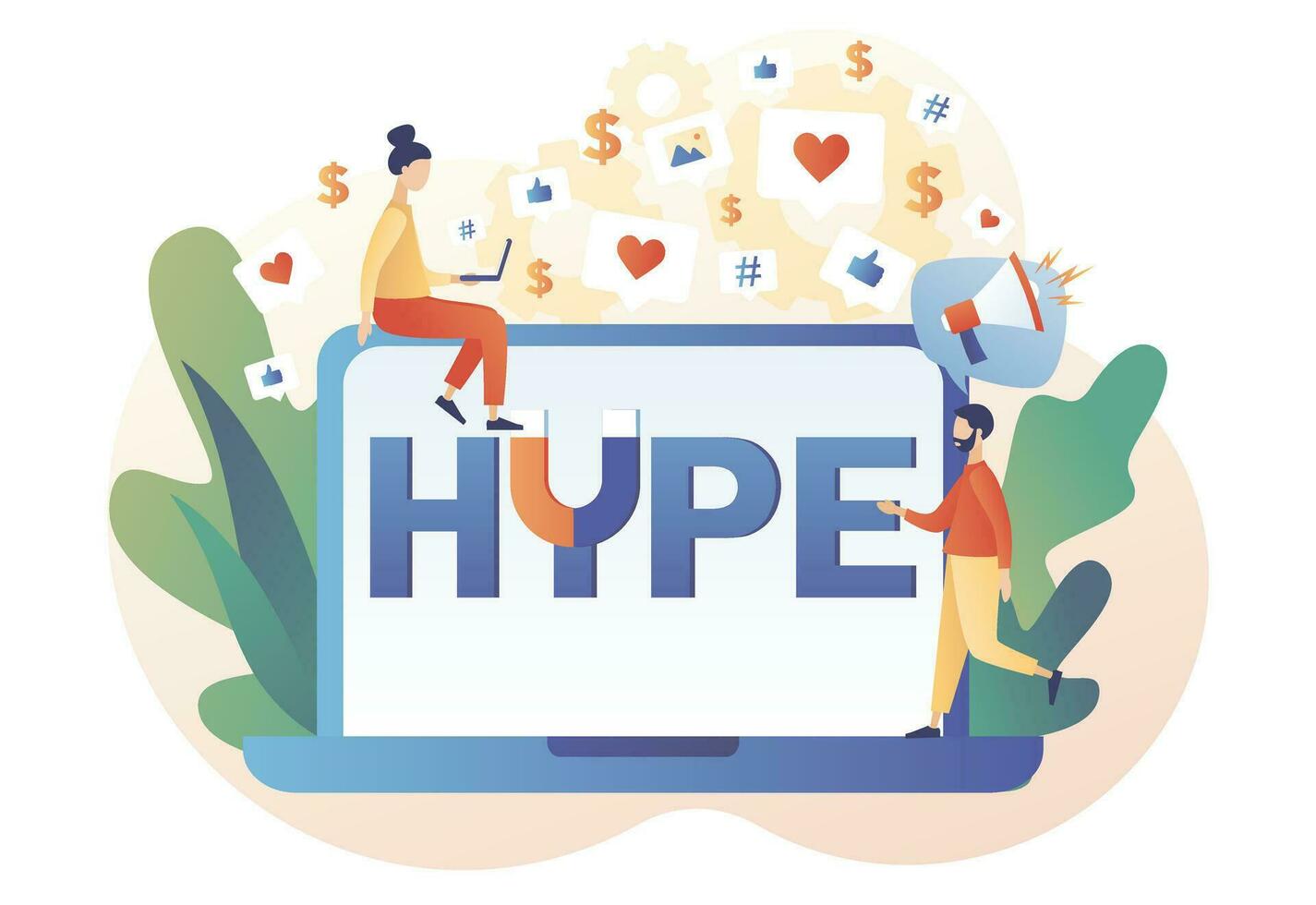 Tiny people following internet trends. Hype - text on laptop screen. Social media viral or fake content. Bloggers, celebrities, influencers need more likes. SMM. Modern flat cartoon style. Vector
