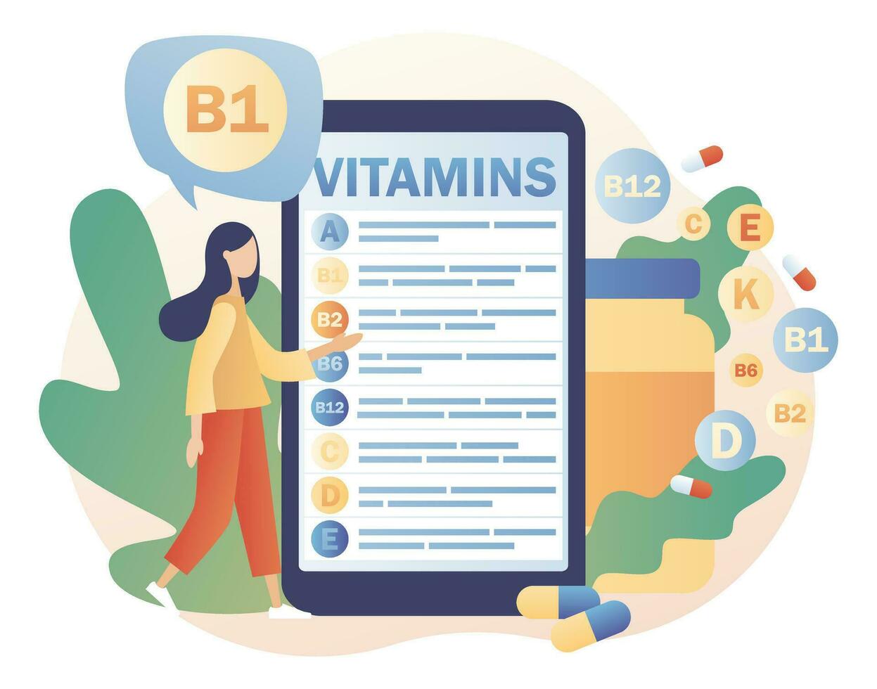 vitaminas complejo. sano estilo de vida. minúsculo mujer leyendo lista multi vitamina suplemento, vitamina a, grupo si b1, b2, b6, b12, C, d, mi, k en teléfono inteligente moderno plano dibujos animados estilo. vector ilustración