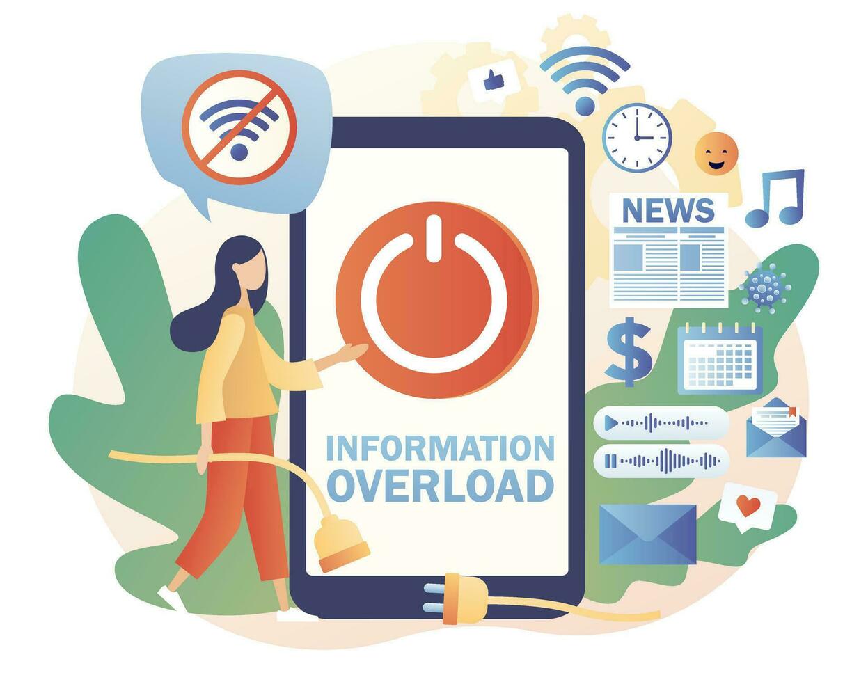 Tiny girl protecting themselves from flow of information and news turning off smartphone. Information detox. Information overload. Digital detox. Modern flat cartoon style. Vector illustration