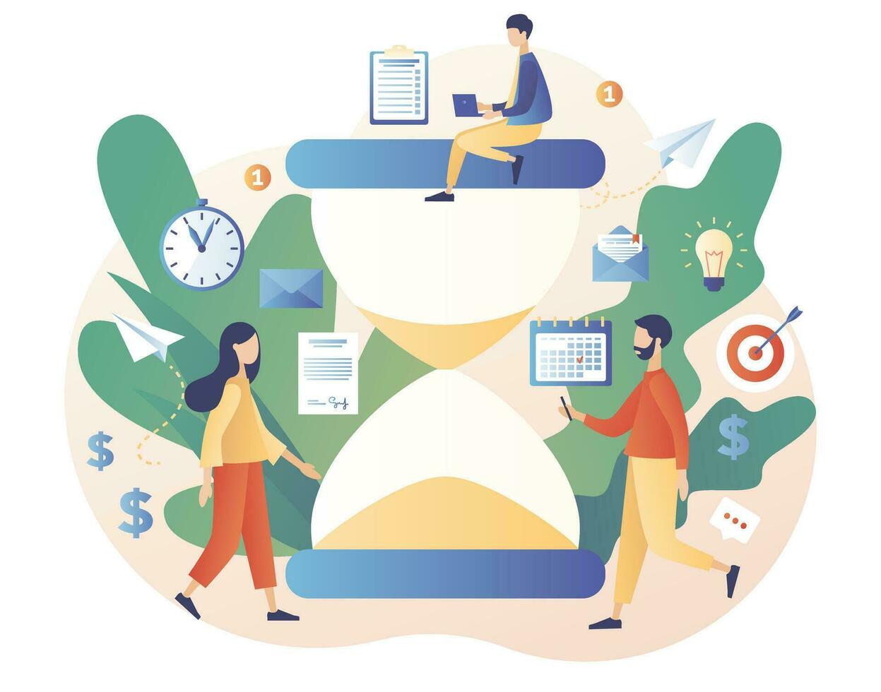 Deadline concept. Tiny people organize workflow. Time management and productivity. Hourglass as metaphor time management. Modern flat cartoon style. Vector illustration on white background