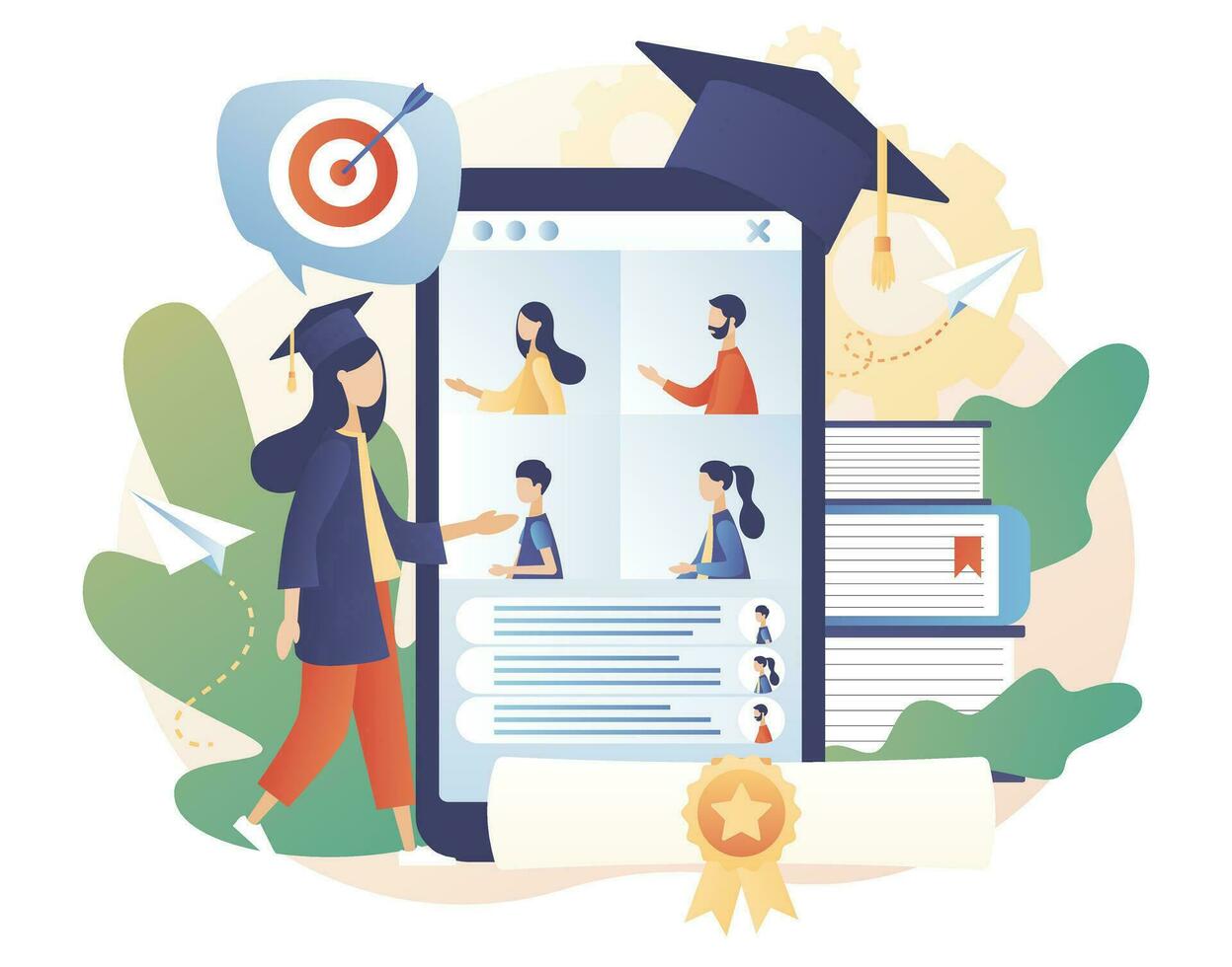 Tiny graduates receive diplomas and communicate via video in smartphone. Online graduation. Online education at social distancing. Modern flat cartoon style. Vector illustration on white background