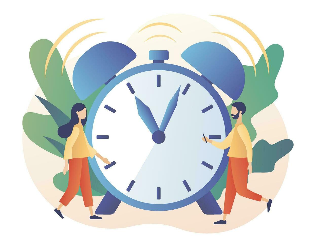 Alarm clock rings. Wake up. Tiny people wake up in morning. Good morning concept. Beginning of new day. Modern flat cartoon style. Vector illustration on white background