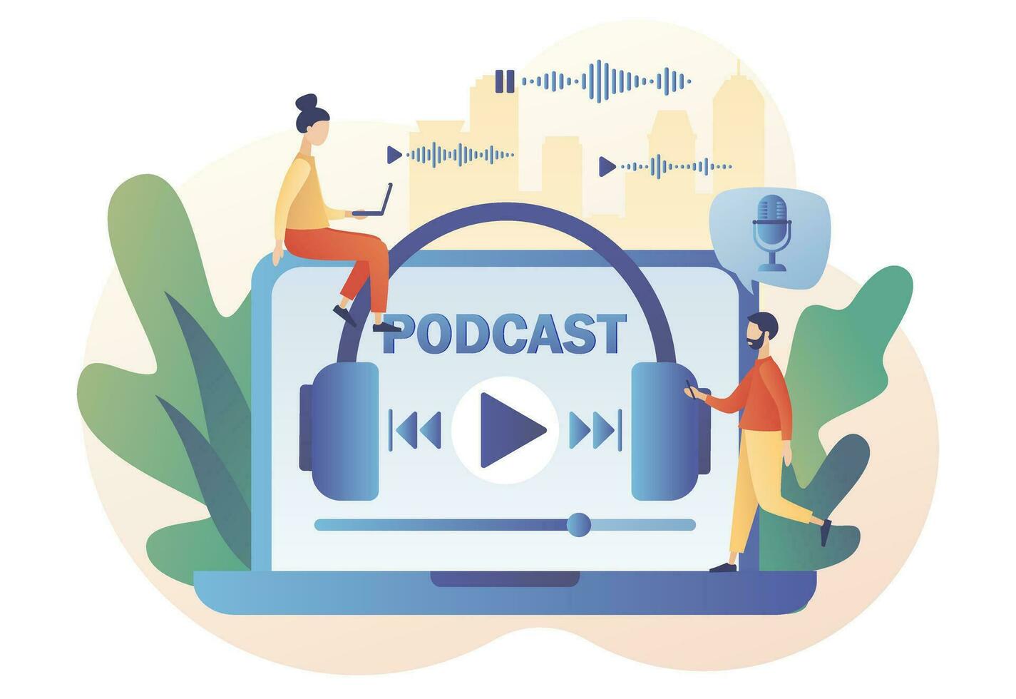 Podcast concept. Tiny people listening audio, online training, radio show or audio blog via laptop. Podcasting. Modern flat cartoon style. Vector illustration on white background