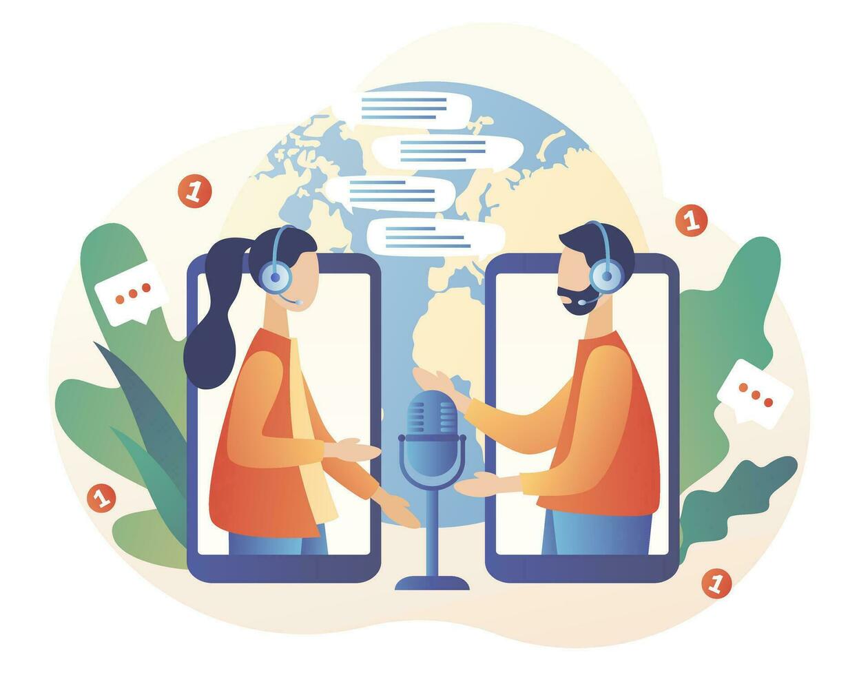 Online Interview concept. Tiny people on online meeting. Video call conference. Journalist. Social distancing. Remote work. Consultation. Modern flat cartoon style. Vector illustration