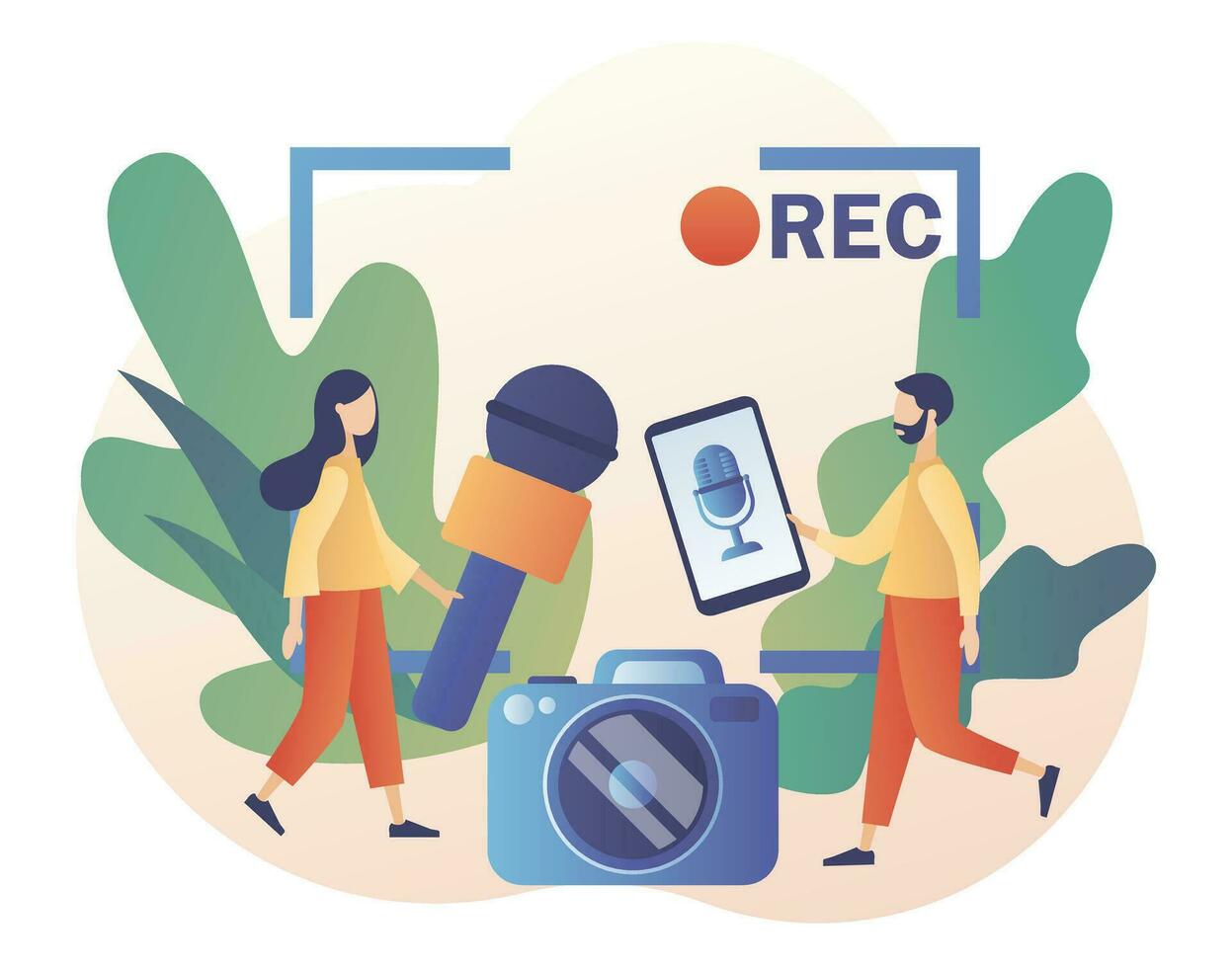 Tiny people journalists with microphones record report. Mass media news. TV, internet and radio journalism. Journalist concept. Modern flat cartoon style. Vector illustration on white background