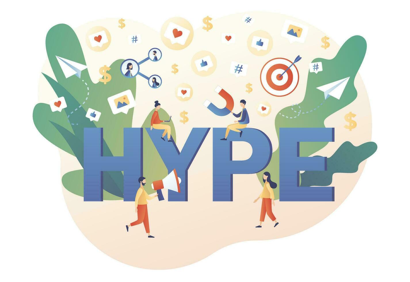 Hype - big text. Tiny people following internet trends. Bloggers, celebrities, influencers need more likes. SMM. Social media viral or fake content. Modern flat cartoon style. Vector illustration