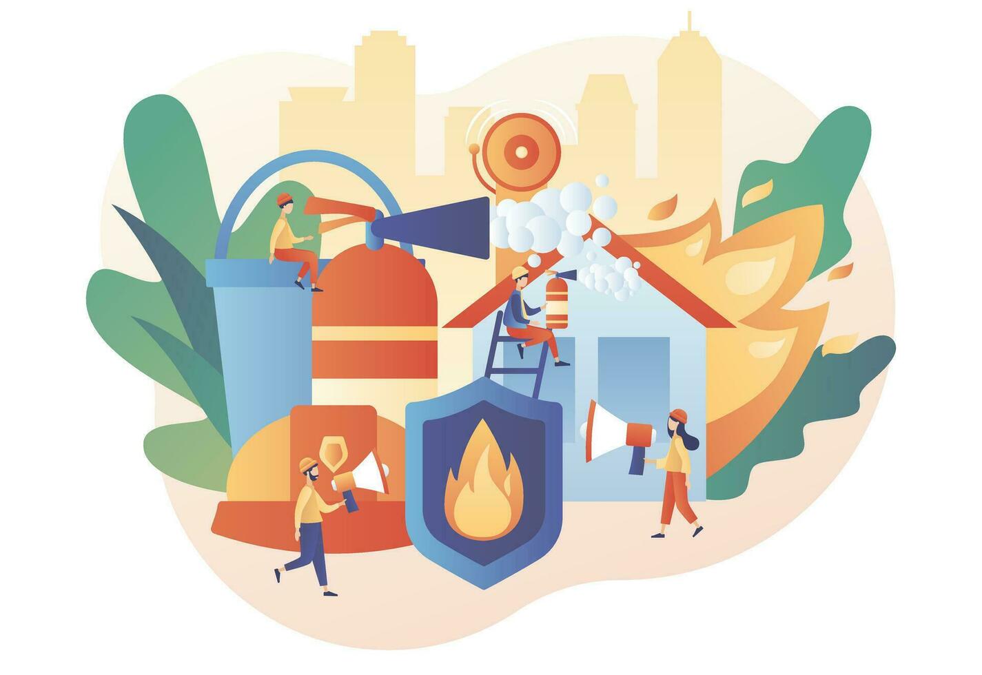 Fire prevention technologies. Fire protection. Fire Alarm. Tiny people firefighters extinguishing flame. Rescuer. Modern flat cartoon style. Vector illustration on white background