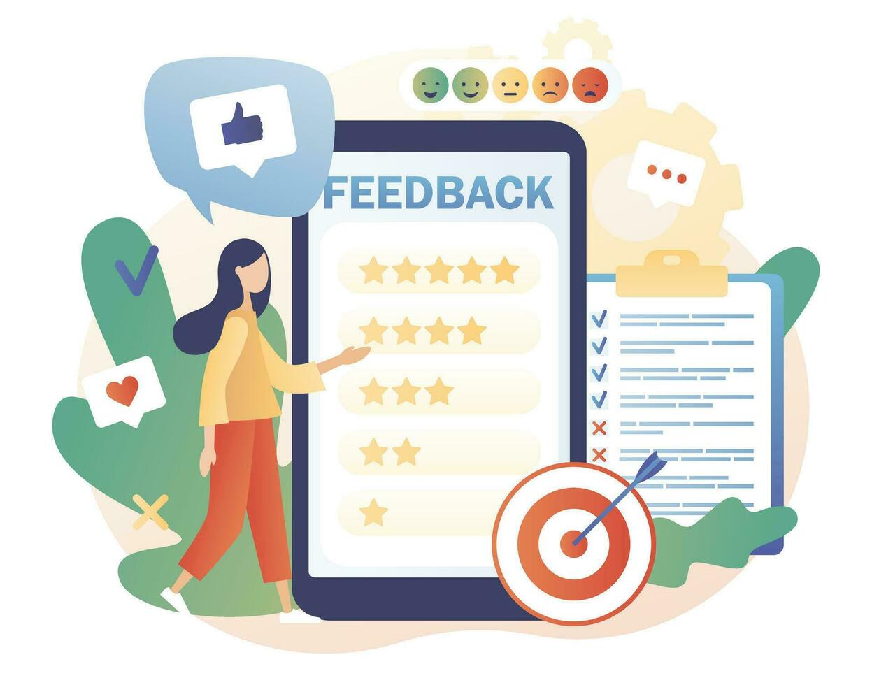 Feedback concept. Tiny woman leave feedback, put assessment online in smartphone app. Customer survey, review and opinion. Modern flat cartoon style. Vector illustration on white background