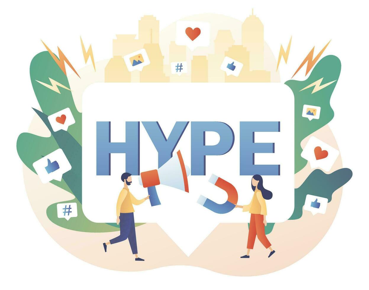 Hype marketing. Bloggers, celebrities, influencers need more likes. Tiny people following internet trends. Social media viral or fake content. Modern flat cartoon style. Vector illustration