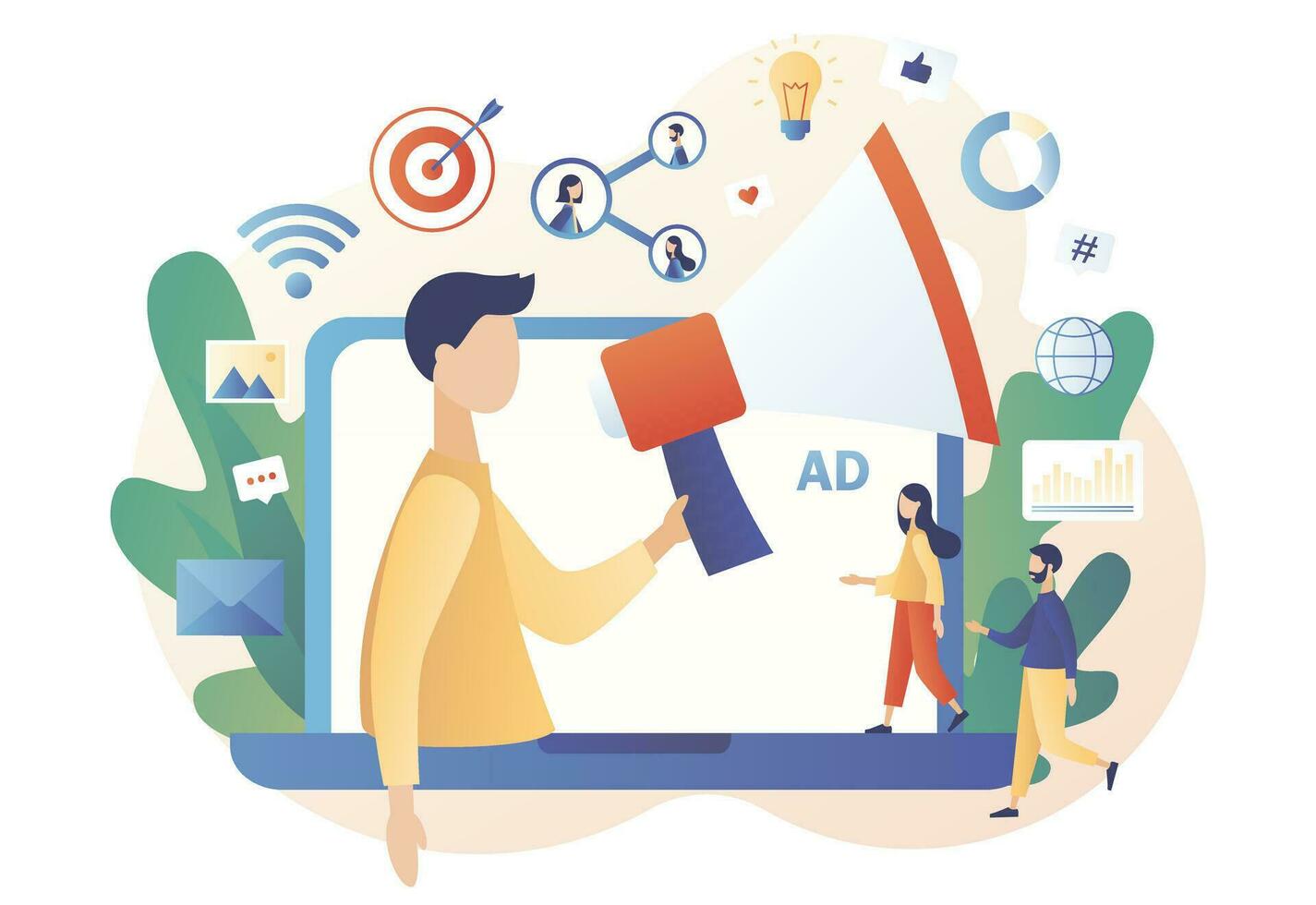 Tiny man with big megaphone in laptop screen. Advertising agency concept. Service advertisement, Digital marketing, SMM, Outdoor advertising. Modern flat cartoon style. Vector illustration