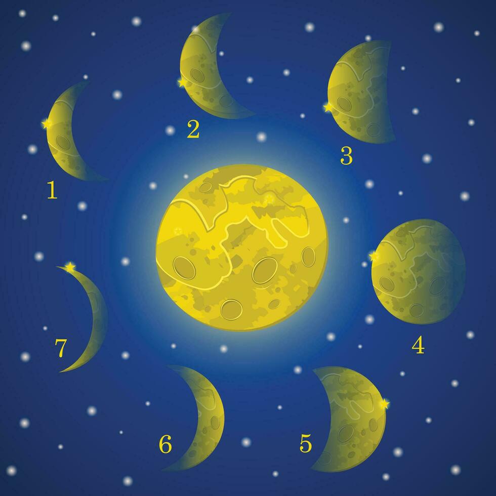 Vector illustration of a night sky with yellow stars and glowing cartoon moons set with different shapes