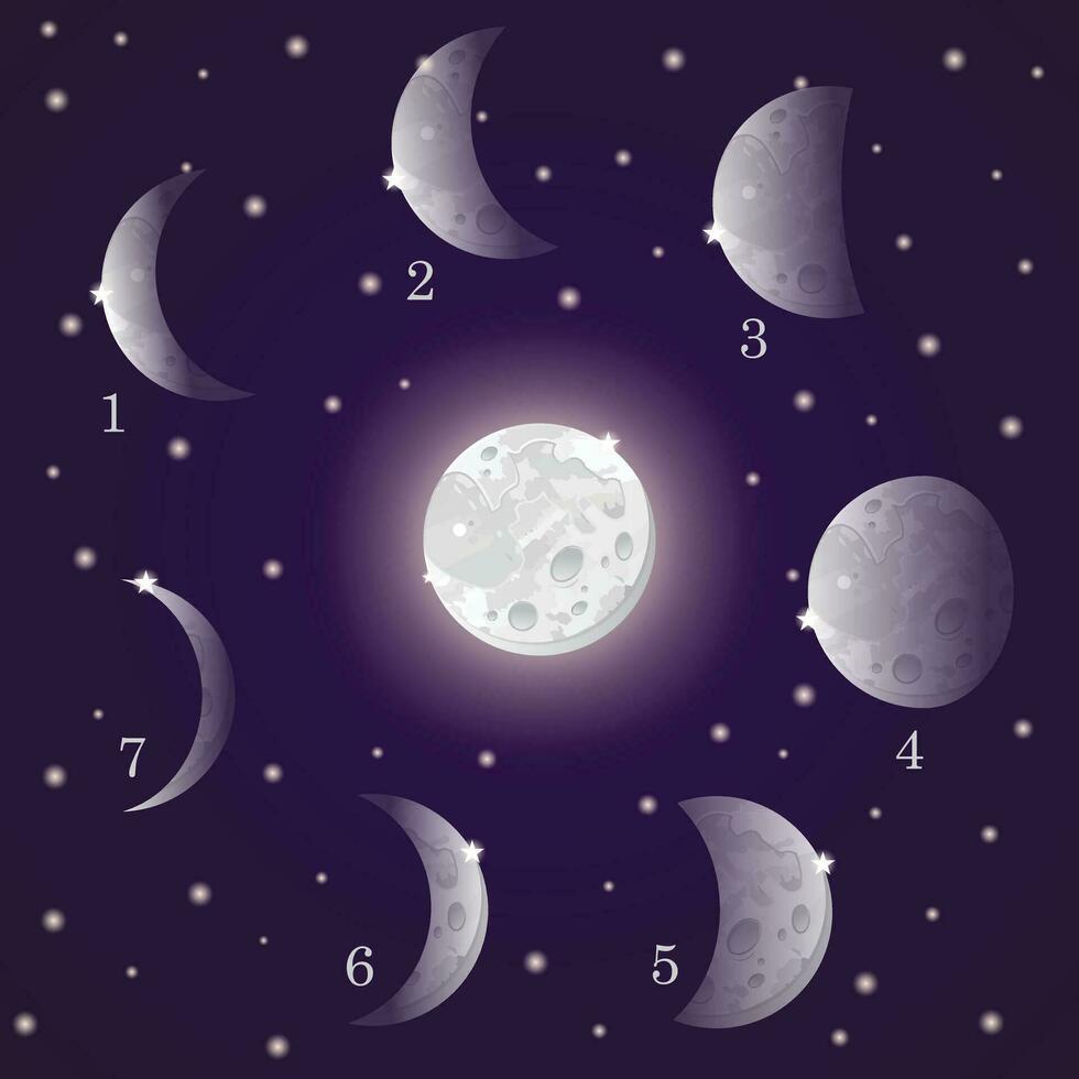 Vector illustration of a night sky with white stars and glowing cartoon moons set with different shapes