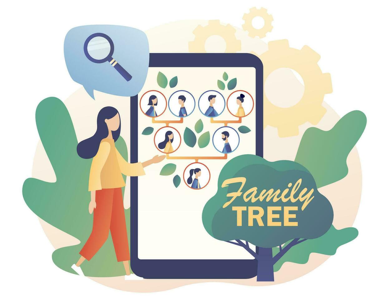 Genealogy online. Family tree in smartphone app. Tiny people grandparents, parents, children. Pedigree. Example of relatives connection data. Modern flat cartoon style. Vector illustration