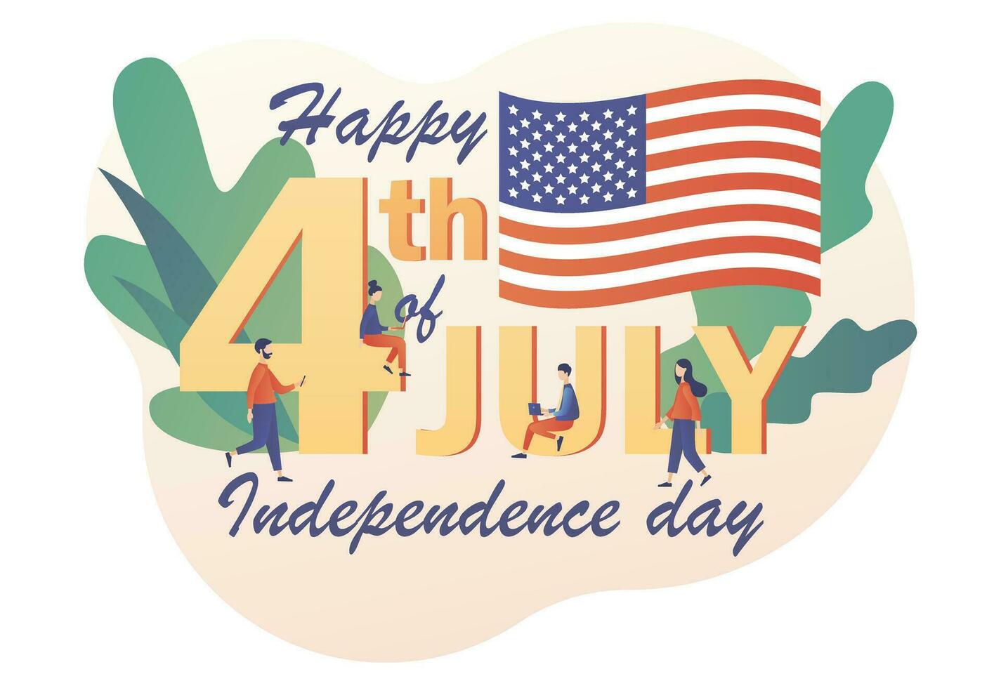 Tiny people celebrate United States Of America Independence Day. Happy 4th of July - big text. Fourth of July. Modern flat cartoon style. Vector illustration on white background