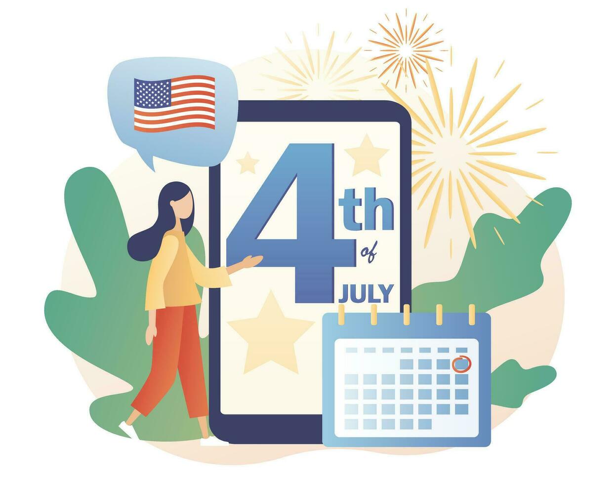 Fourth of July. Happy 4th of July - text on smartphone screen. Tiny woman celebrate United States Of America Independence Day. Modern flat cartoon style. Vector illustration on white background