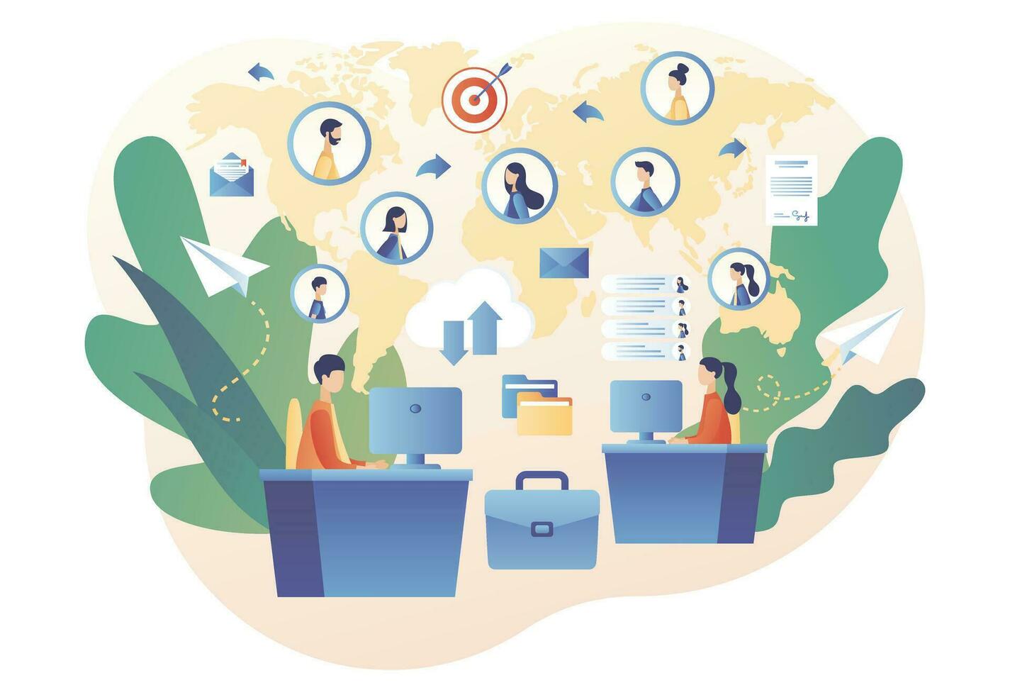 Tiny people from around the world connecting and working online. Remote working. Work from home. Freelance. Modern flat cartoon style. Vector illustration on white background