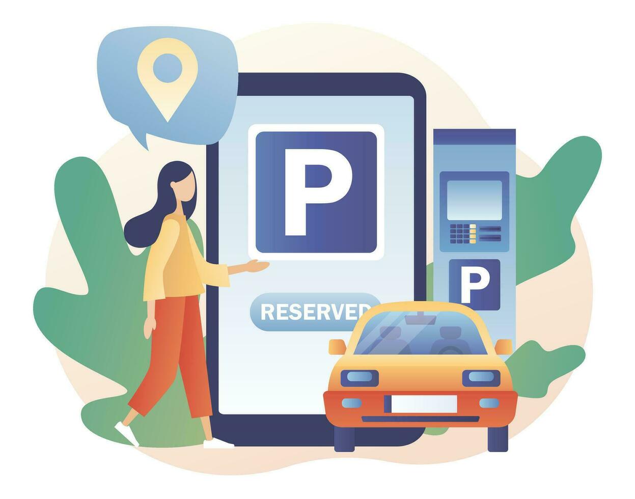 estacionamiento teléfono inteligente aplicación minúsculo mujer mirando para estacionamiento lote para parque automóvil. público estacionamiento en grande ciudad. urbano transporte. moderno plano dibujos animados estilo. vector ilustración en blanco antecedentes