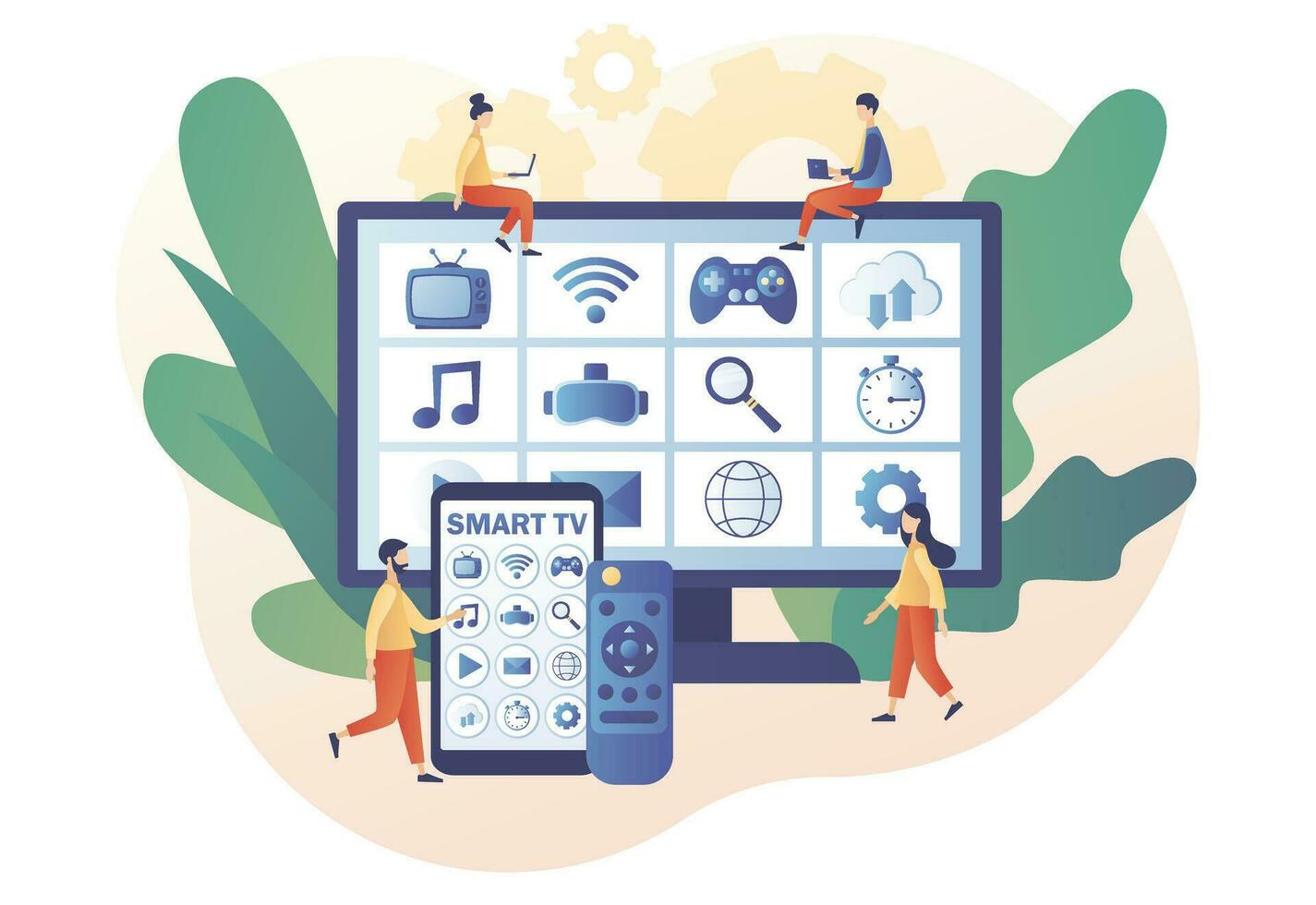 Smart TV, remote controland and menu in smartphone app. Modern television technology.Tiny people watch video, content, applications on multimedia box tv. Modern flat cartoon style. Vector illustration