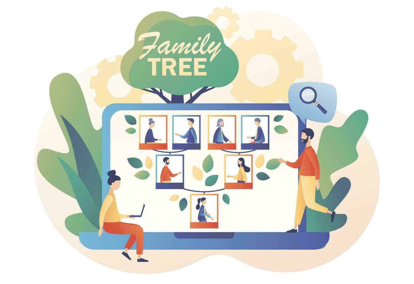 Genealogy online. Family tree on web site. Tiny people grandparents, parents, children. Pedigree. Example of relatives connection data. Modern flat cartoon style. Vector illustration