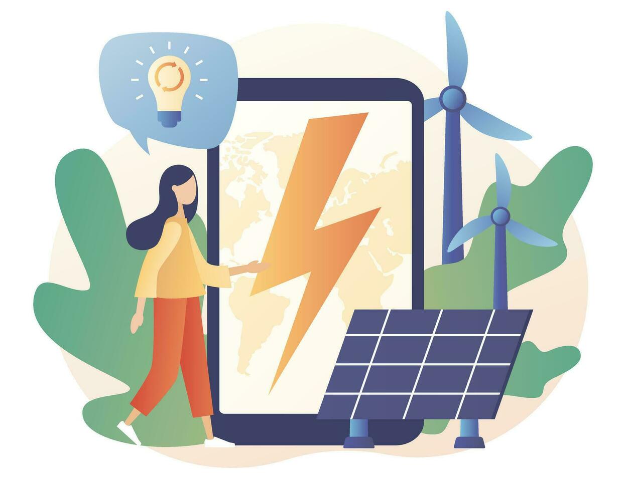 Green energy concept. Renewable energy. Power plant with solar panels and windmills. Tiny woman with big smartphone. Global Eco Industry. Modern flat cartoon style. Vector illustration