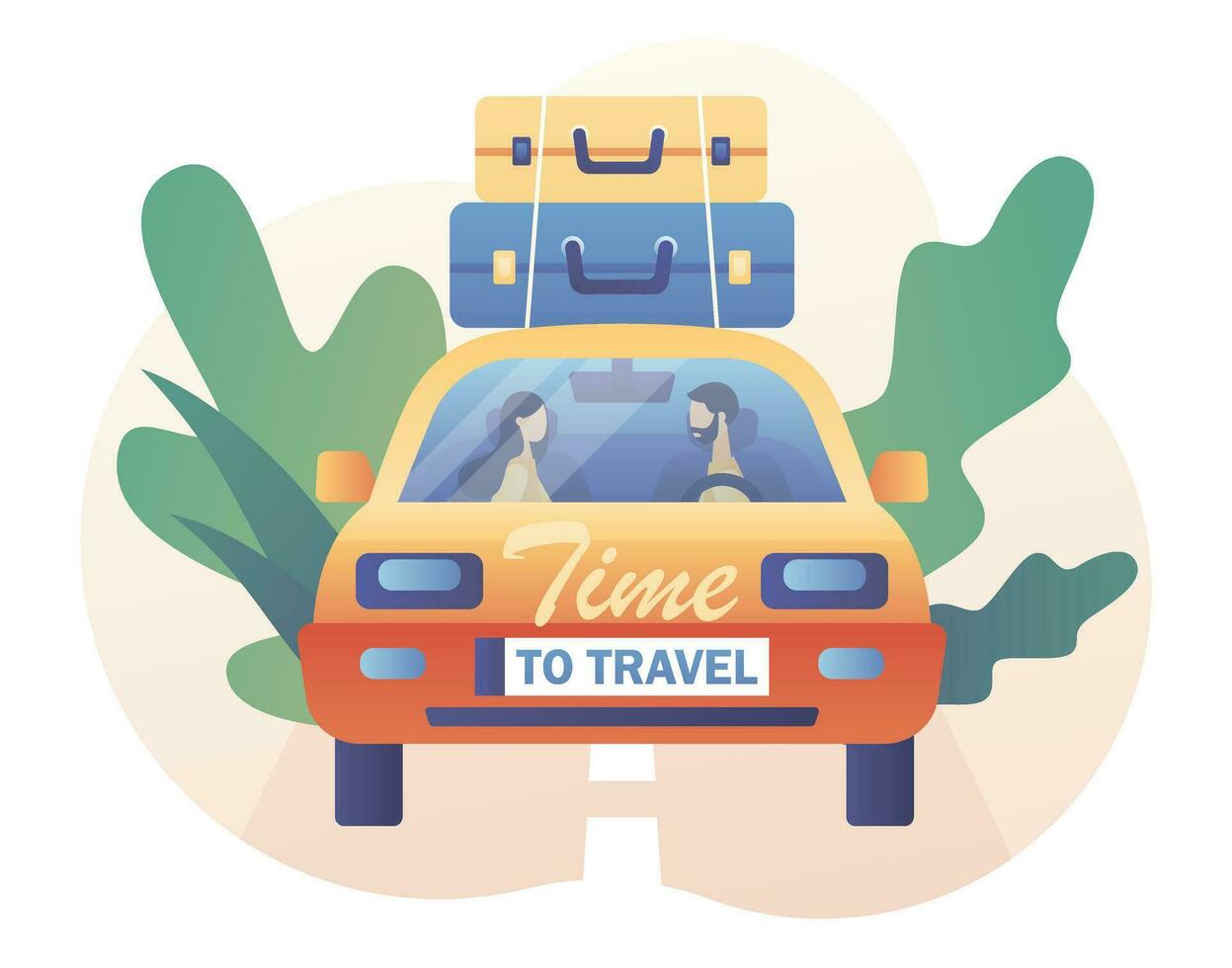 Road trip. Tiny people in the car go camping. Time to travel. Tourism. Trip to world. Tour. Suitcase, world map and tourism set. Modern flat cartoon style. Vector illustration on white background