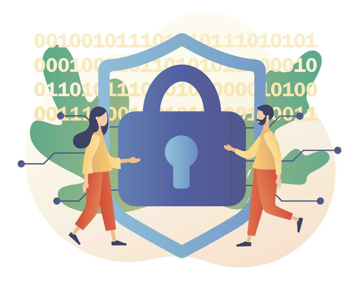 Cyber security. Global network security. Tiny people protection of computer services and electronic information. Data protection. Digital access and online safety. Modern flat cartoon style. Vector