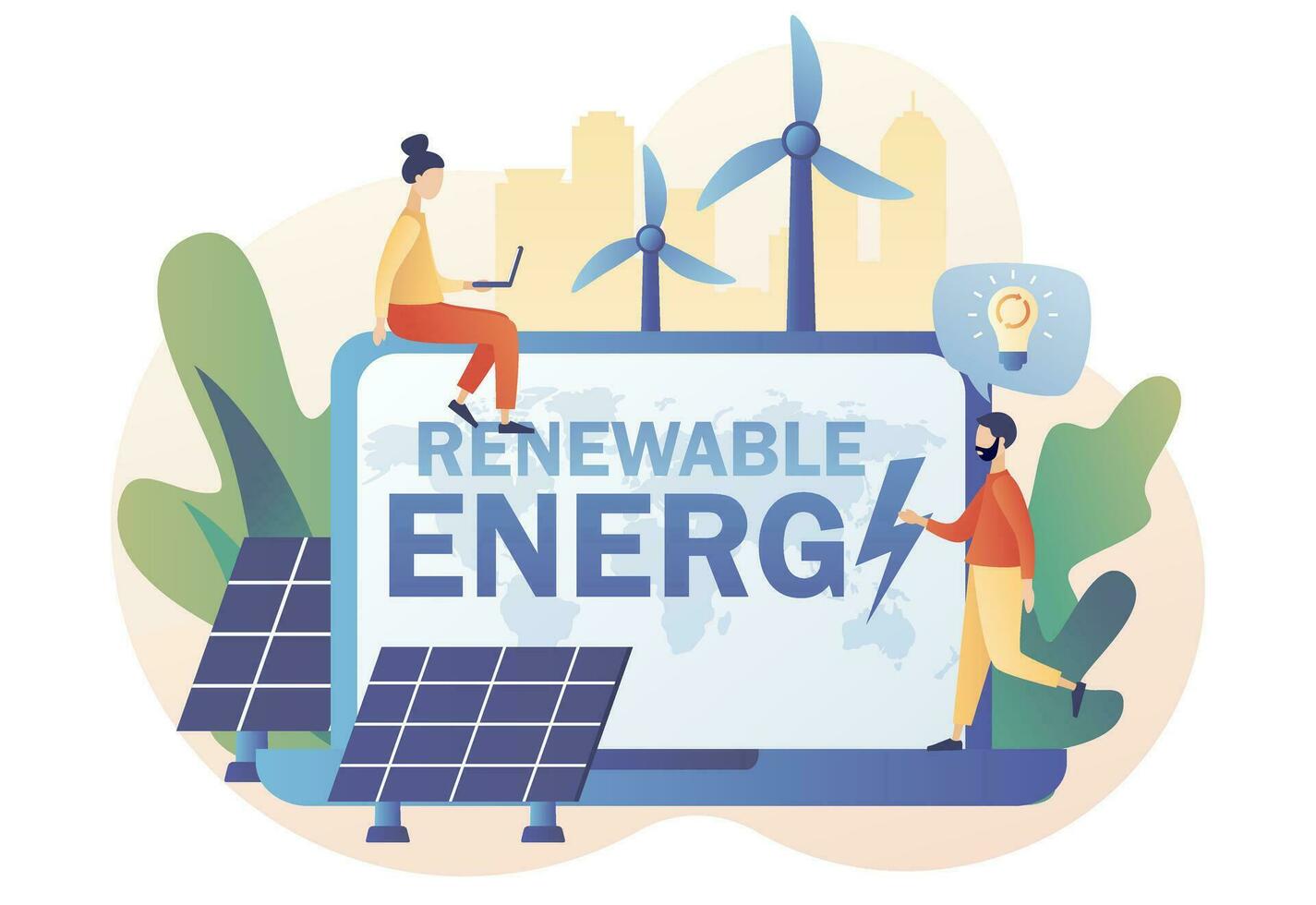 Green energy concept. Renewable energy - text on laptop screen. Tiny people on Power plant with solar panels and windmills. Eco Industry. Modern flat cartoon style. Vector illustration