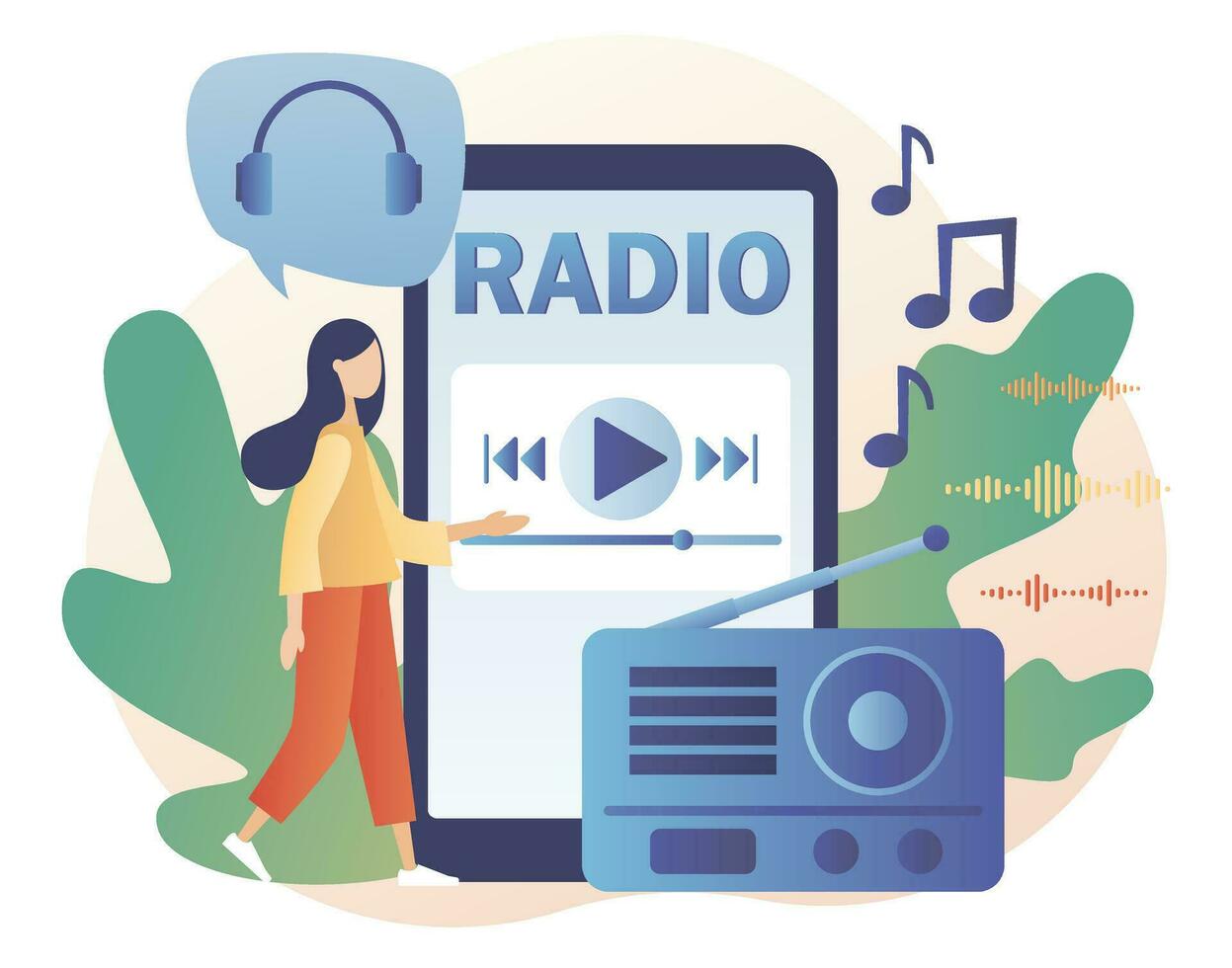Tiny woman listening Radio On-air in smartphone app. Boombox, audio, music, talk show, interviews of guest online. Retro old radio. Modern flat cartoon style. Vector illustration on white background
