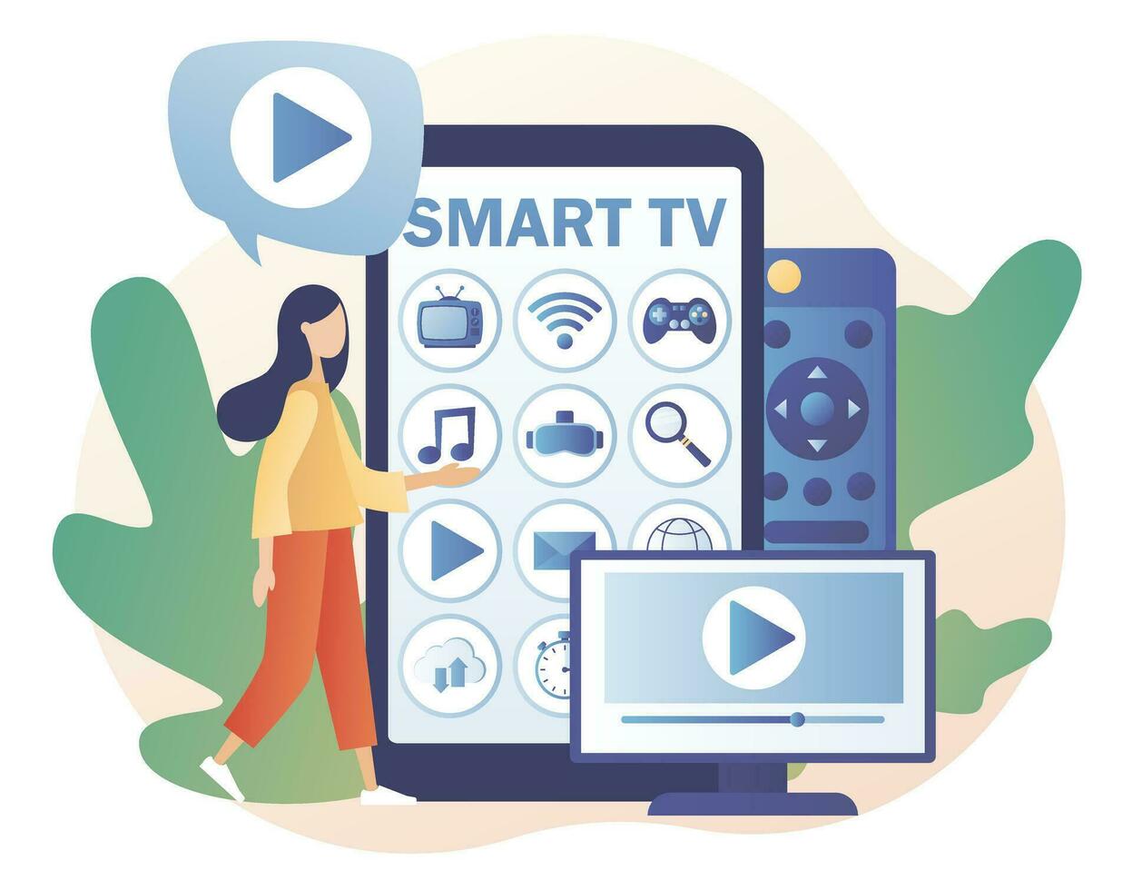 Tiny woman watch menu Smart TV in smartphone app. Modern television technology. Video, content, applications on multimedia box tv. Modern flat cartoon style. Vector illustration on white background