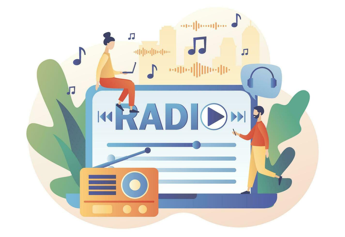 Tiny people listening Radio On-air on laptop. Boombox, audio, music, talk show, interviews of guest online. Retro old radio. Modern flat cartoon style. Vector illustration on white background