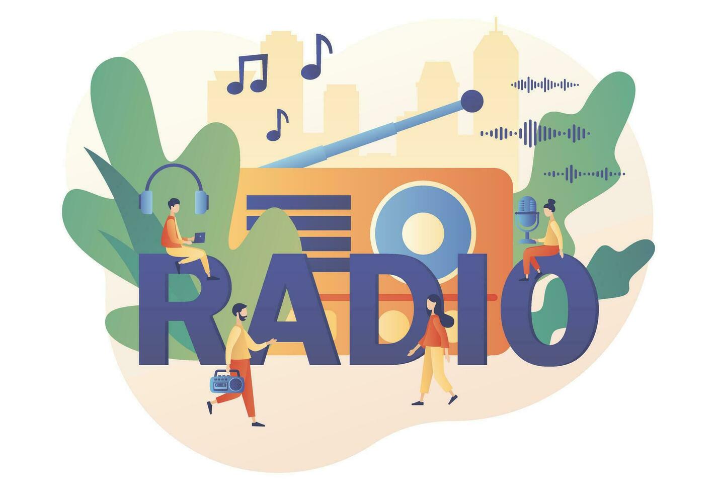 Tiny people listening boombox On-air, audio, music, talk show, interviews of guest online. Radio - big text. Retro old radio. Modern flat cartoon style. Vector illustration on white background