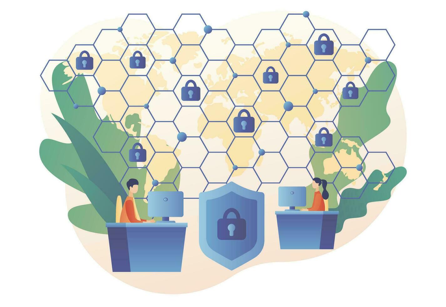 Global network security. Tiny people protection of computer services and electronic information. Cyber security. Data protection. Digital access and online safety. Modern flat cartoon style. Vector