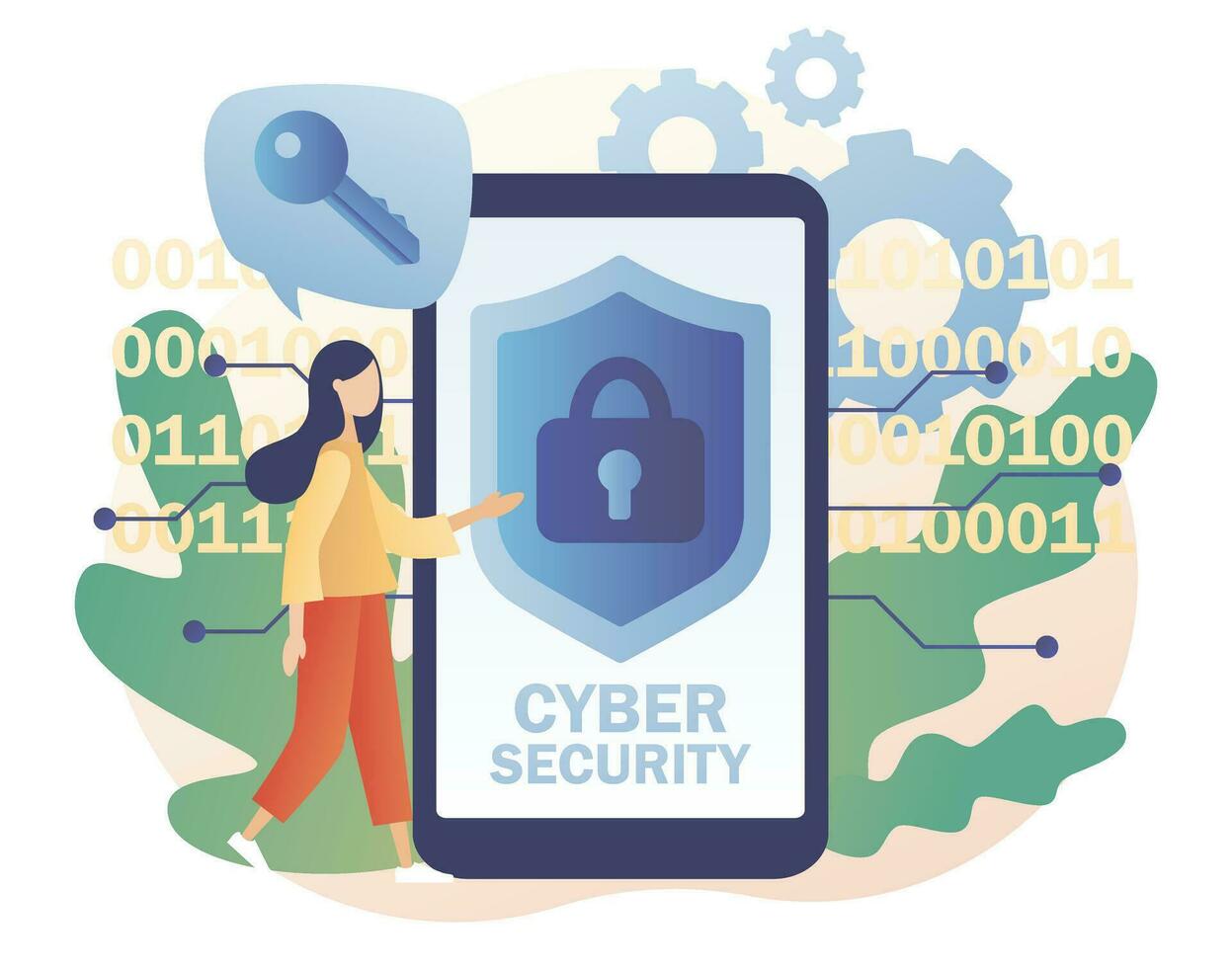 Cyber security - text on smartphone screen. Tiny woman protection of computer services and electronic information. Global network security. Data protection. Modern flat cartoon style. Vector