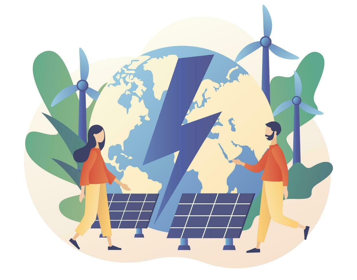 Green energy concept. Renewable energy. Global Eco Industry. Tiny people on Power plant with solar panels and windmills. Modern flat cartoon style. Vector illustration on white background