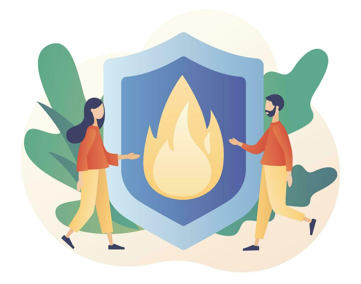 Tiny people with big shield as metaphor of fire protection. Fire prevention technologies. Firefighter rescuer. Modern flat cartoon style. Vector illustration on white background