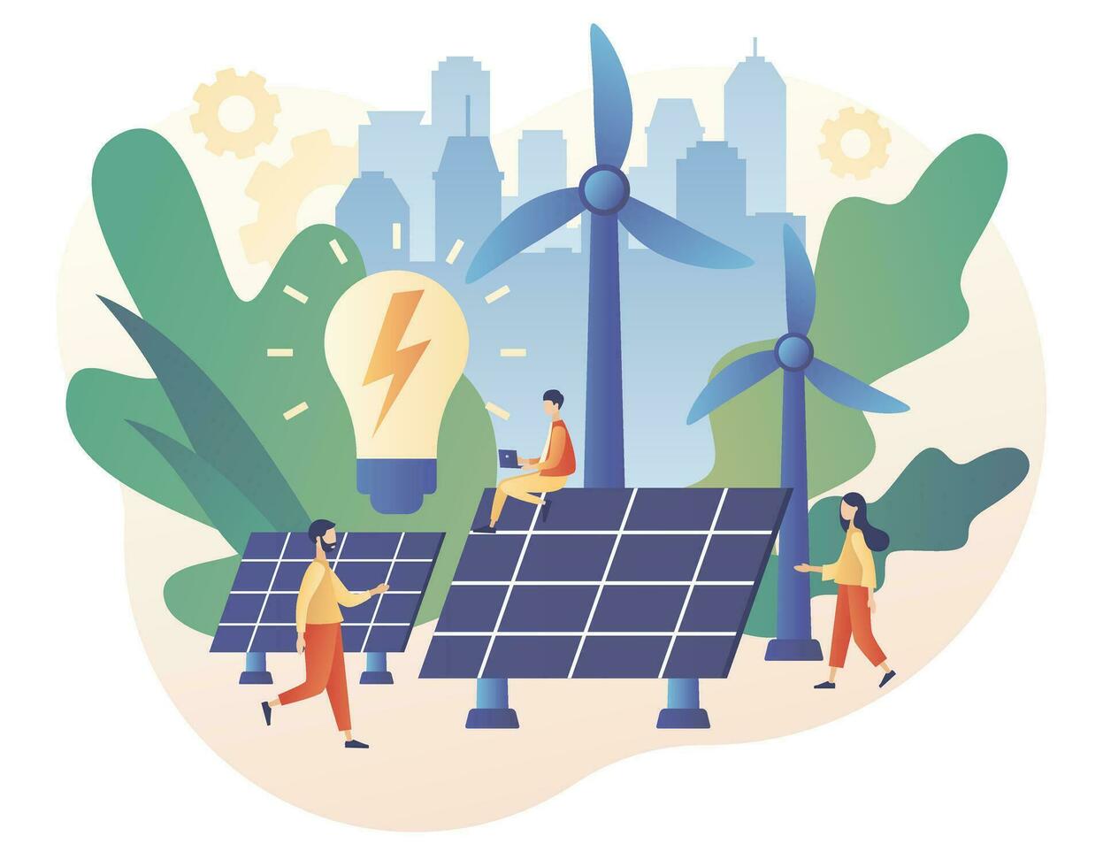 Tiny people on Power plant with solar panels and windmills. Renewable energy. Green energy concept. Eco Industry. Modern flat cartoon style. Vector illustration on white background