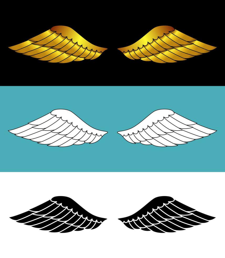 Hand drawn bird or angel wings with different style and color design. Contoured doodle wings vector illustration