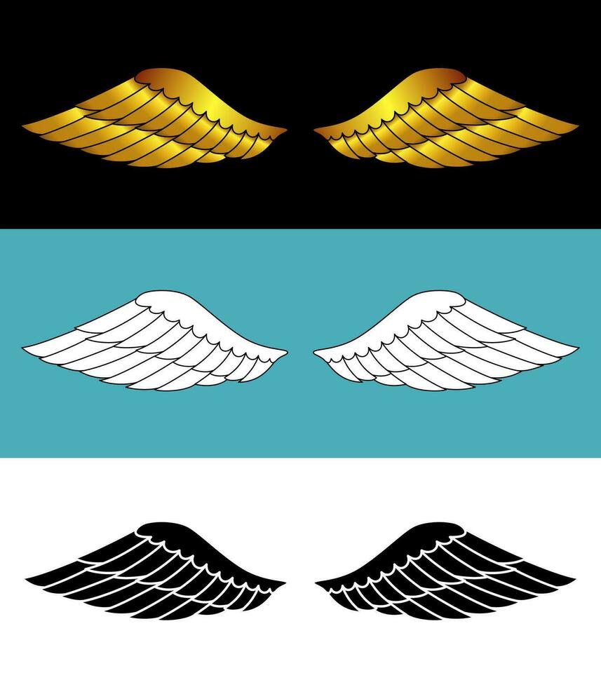 Hand drawn bird or angel wings with different style and color design. Contoured doodle wings vector illustration