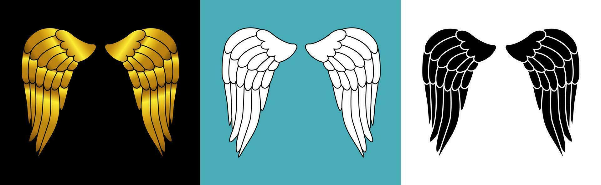Hand drawn bird or angel wings with different style and color design. Vintage heraldic wings sketch. Contoured doodle wings vector