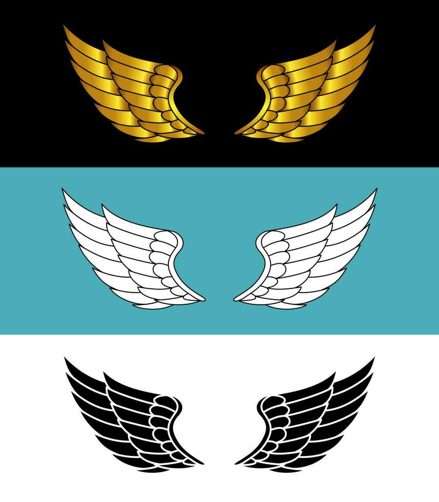 Hand drawn bird or angel wings with different style and color design vector