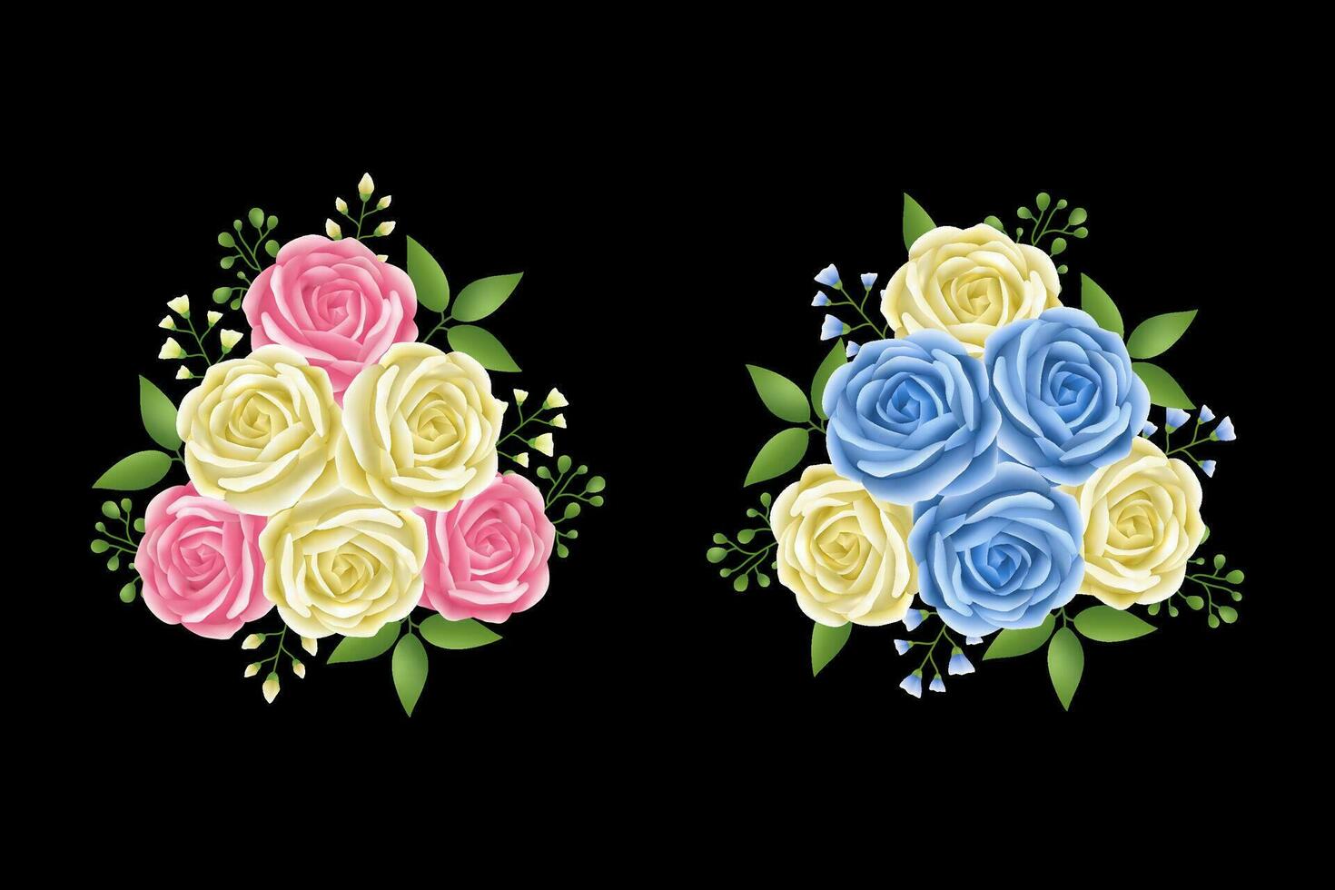 Roses flowers leaves garland with cyan, beige and pink color set. Floral hand drawn for bouquets, wreaths, arrangements, wedding invitations, anniversary, birthday, postcards, greetings vector