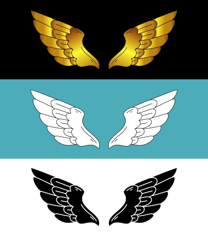 Hand drawn bird or angel wings with different style and color design. Cartoon wings sketch. Contoured doodle wings vector illustration
