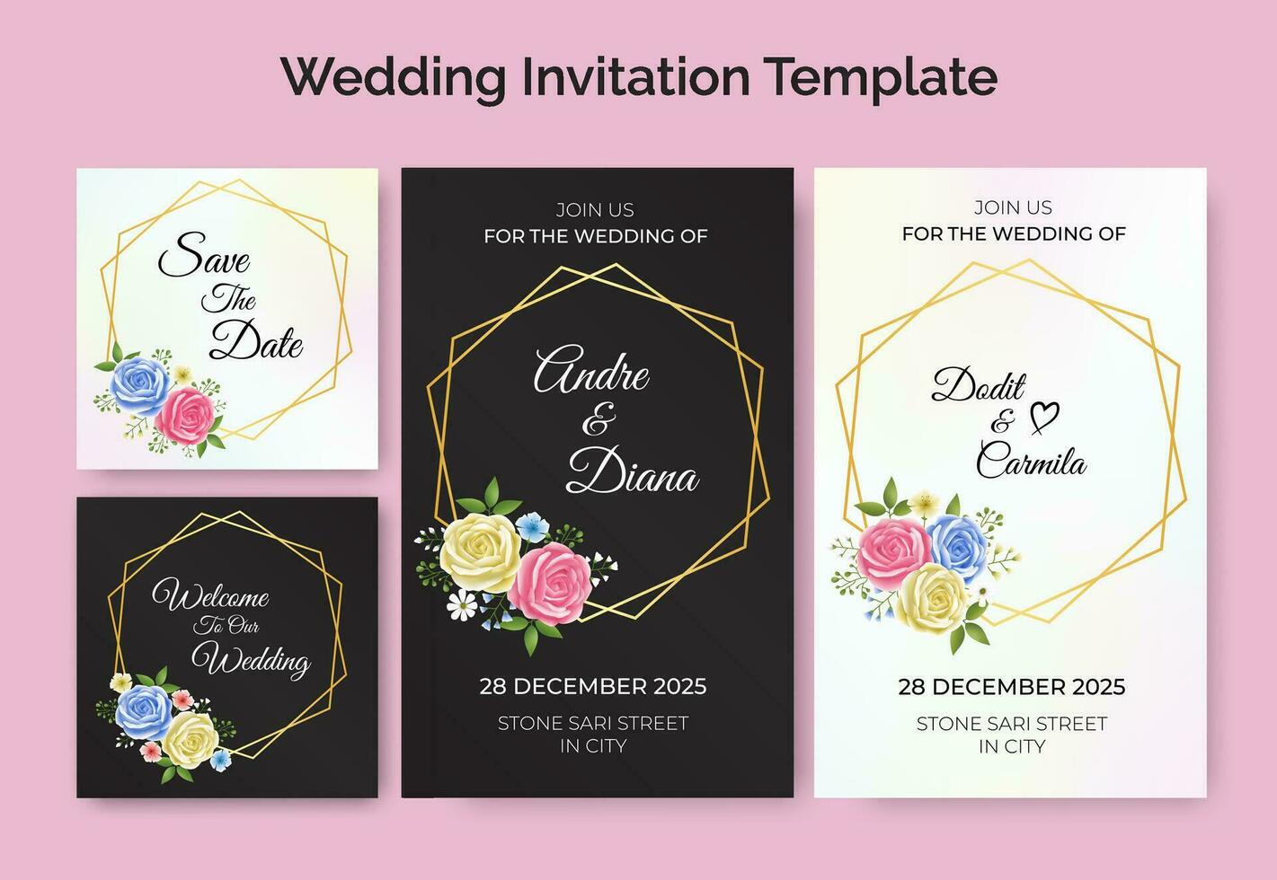 Floral wreath wedding invitation card template design, save the date, thank you, social media post vector