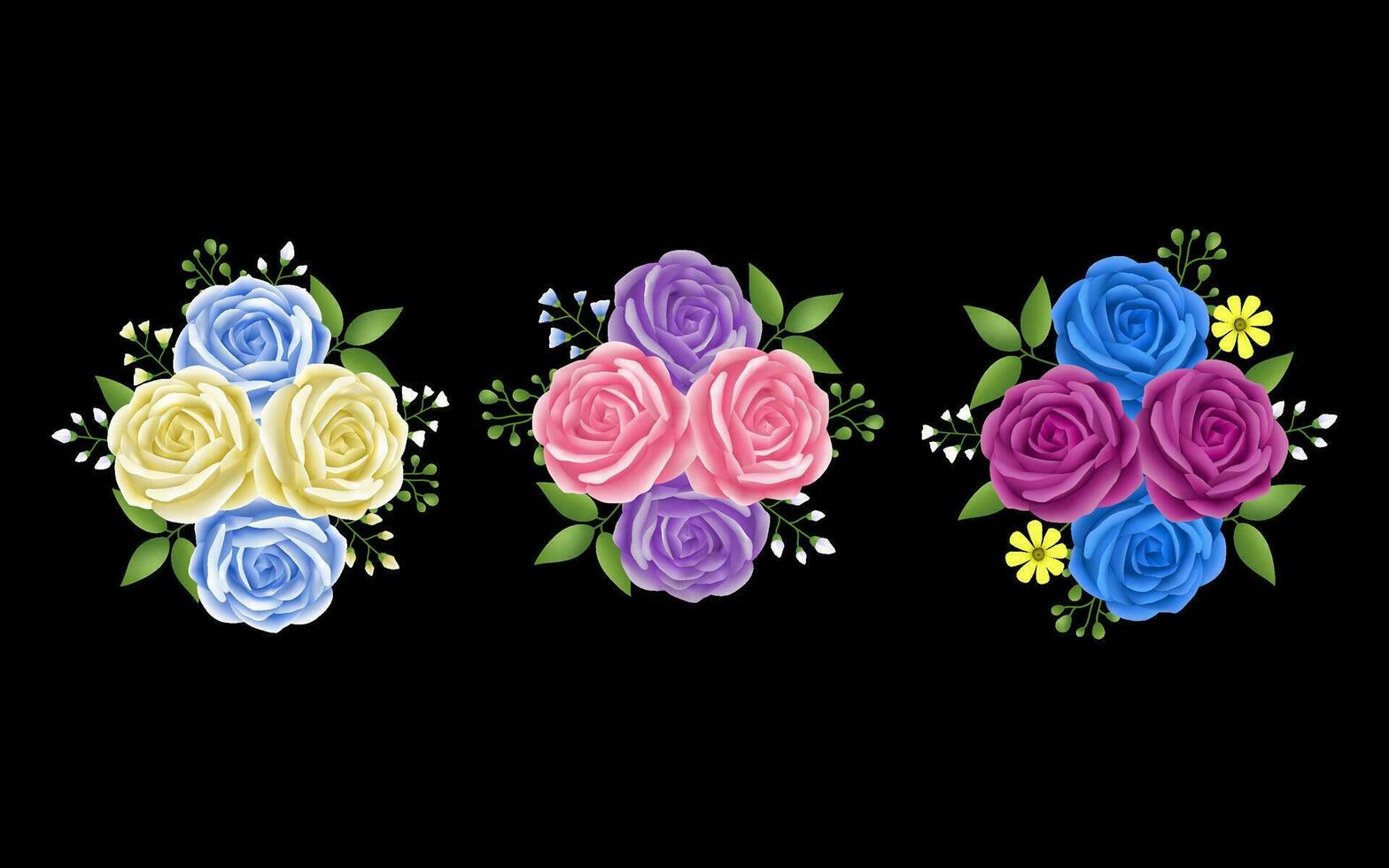 Roses flowers leaves garland with cyan, beige, pink and purple color set. Floral hand drawn for bouquets, wreaths, arrangements, wedding invitations, anniversary vector