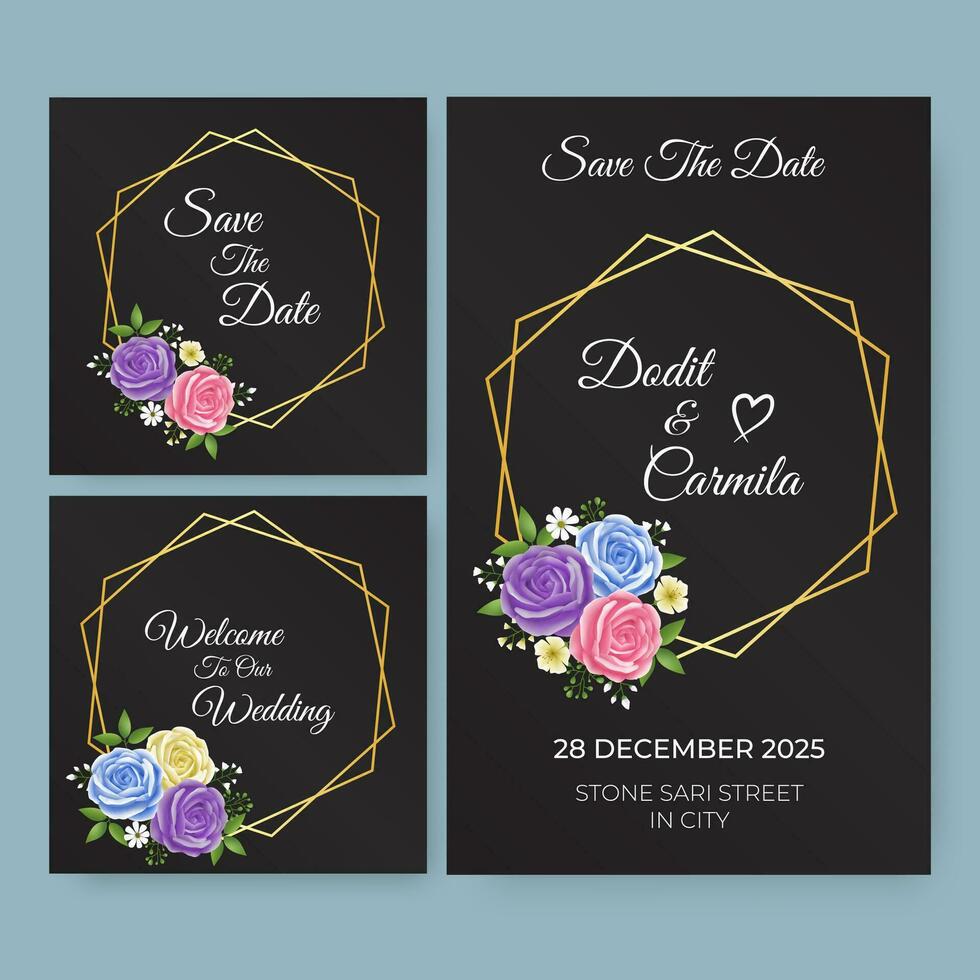 Floral wreath wedding invitation card template design and social media post vector