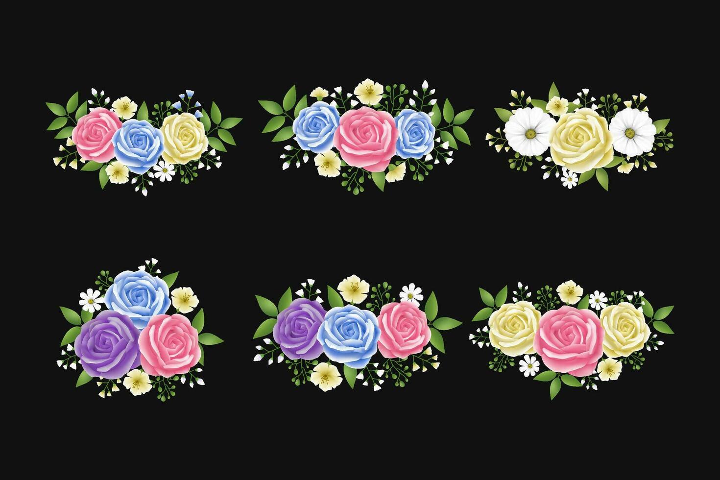 Roses flowers leaves garland with cyan, beige, pink and purple color set. Floral hand drawn for bouquets, wreaths, arrangements, wedding invitations, anniversary vector