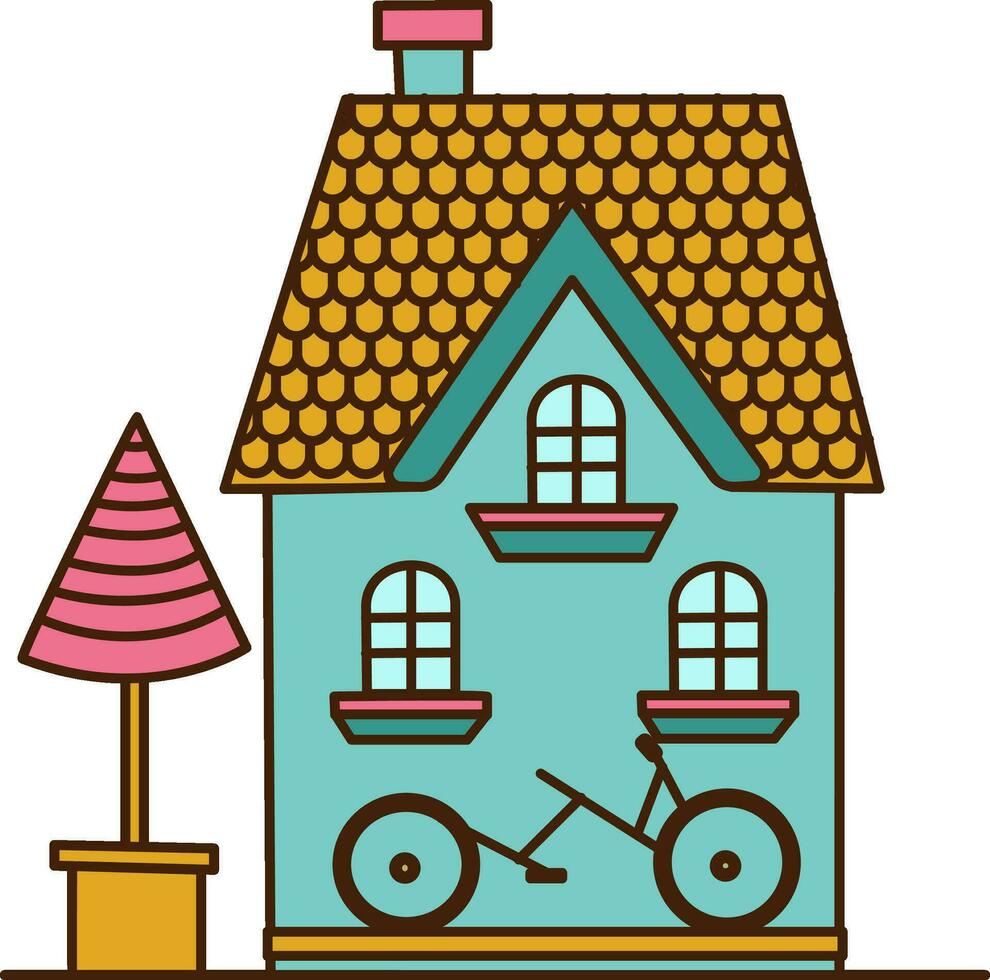 Vector house with yellow roof, Bicycle and well icon. Vector blue house with three windows icon.