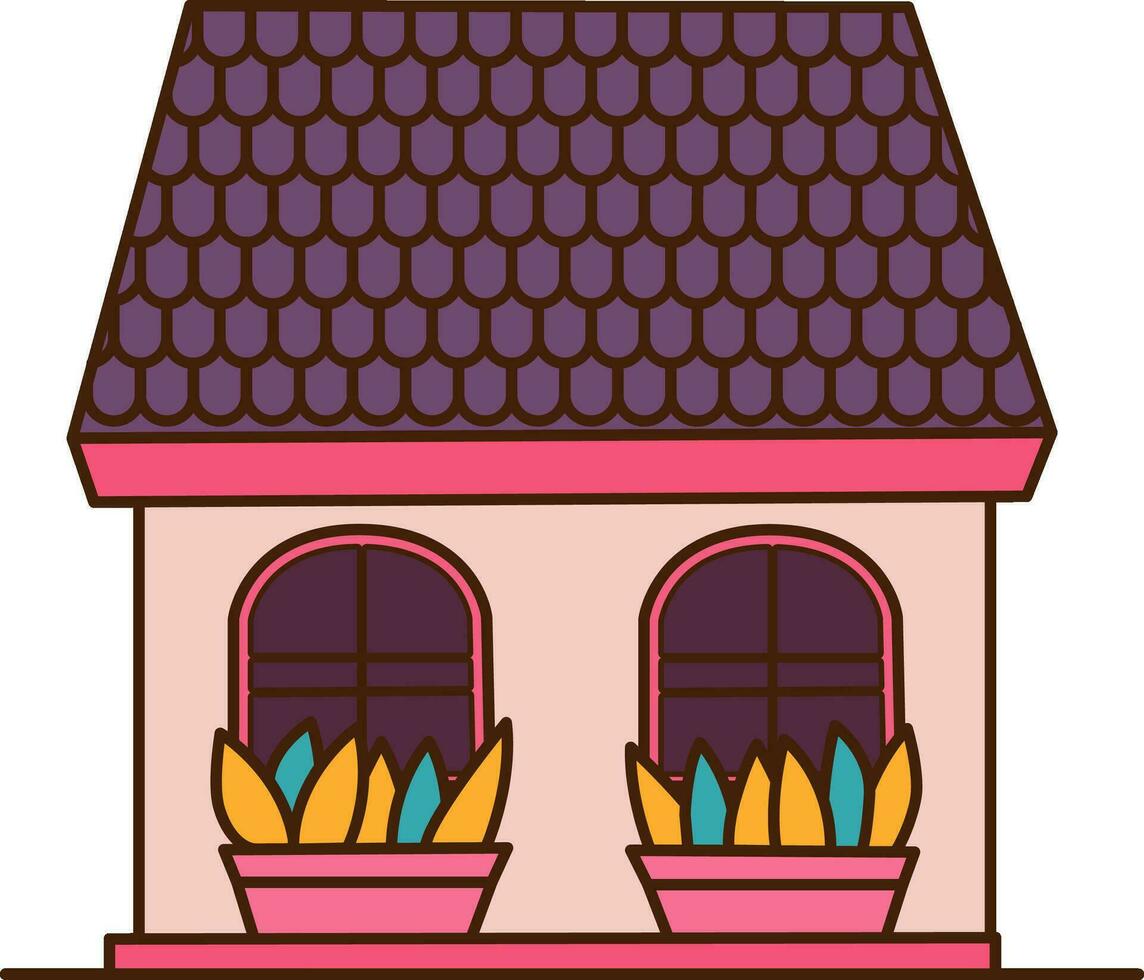 Vector Cute country House with plants and flowers icon. Vector Pink style house icon.