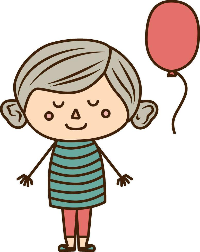 Vector cartoon Girl With Red Ballon icon. Vector child with gray hair icon.