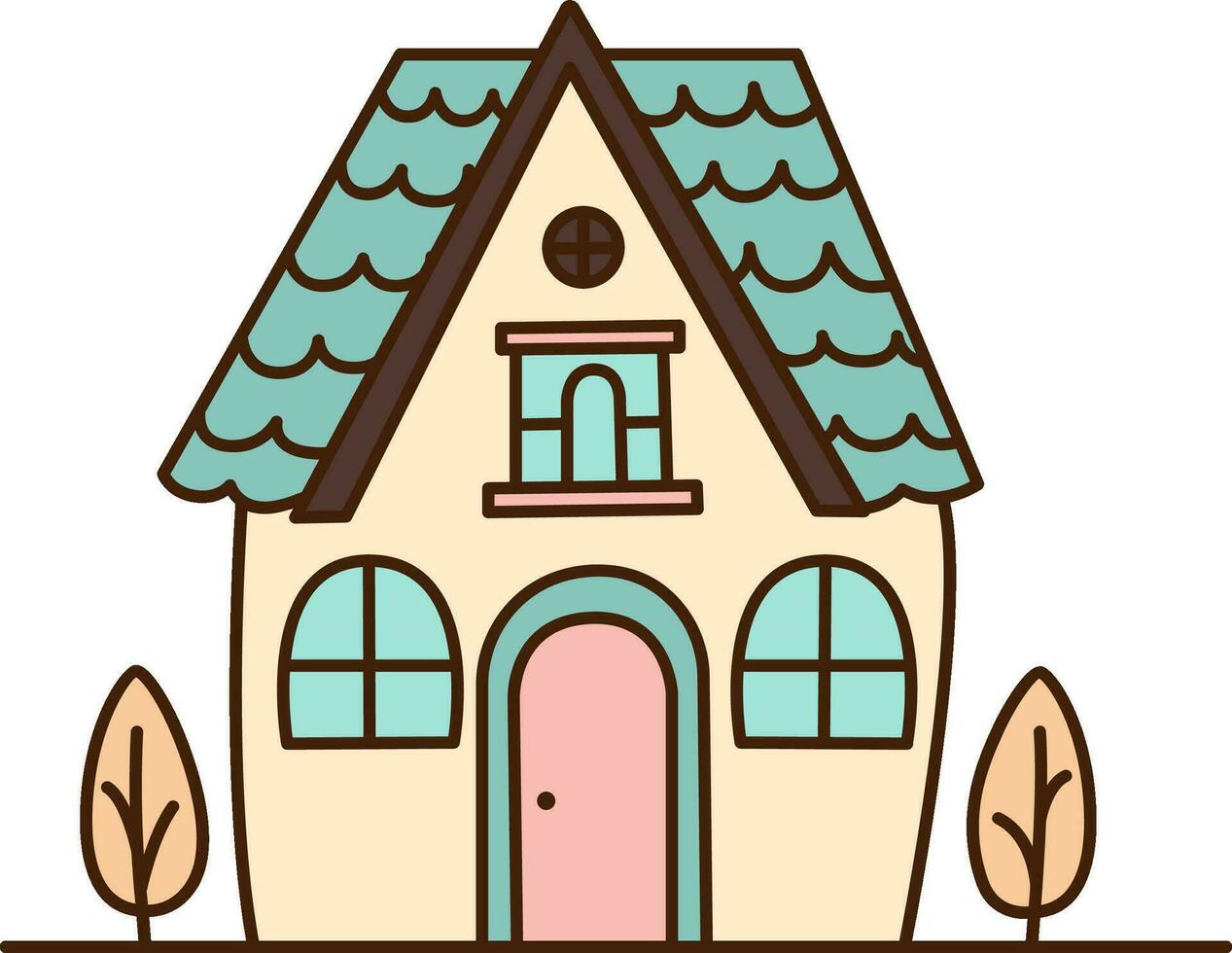 Vector cartoon white house with pink roof icon. Vector house with two small seedlings and blue windows icon.